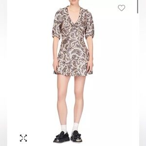 Sandro Casablanca Puff Sleeve 100% Silk Mini Dress Daisy Chain Paisley XS NWT